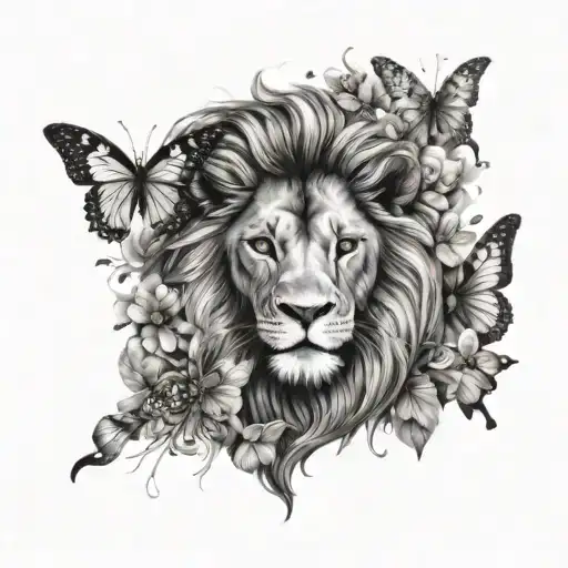 A Lion Surrounded By Butterflies