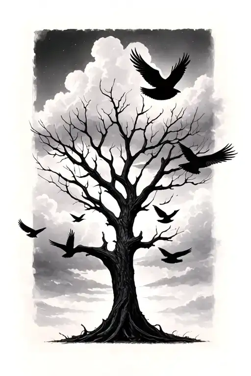 Bare Tree With 4 Doves Flying In Front Of It And Clouds In The Background
