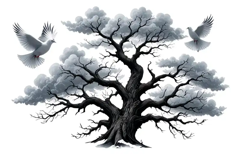 Dead Tree With 4 White Doves Flying With Cloud Background