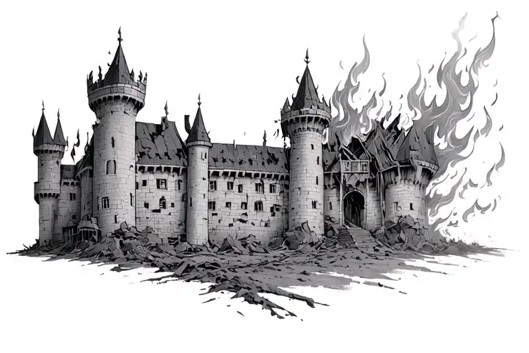 A Castle That Is Destroyed On One Side And Is About Half The Height On That Side With Flames