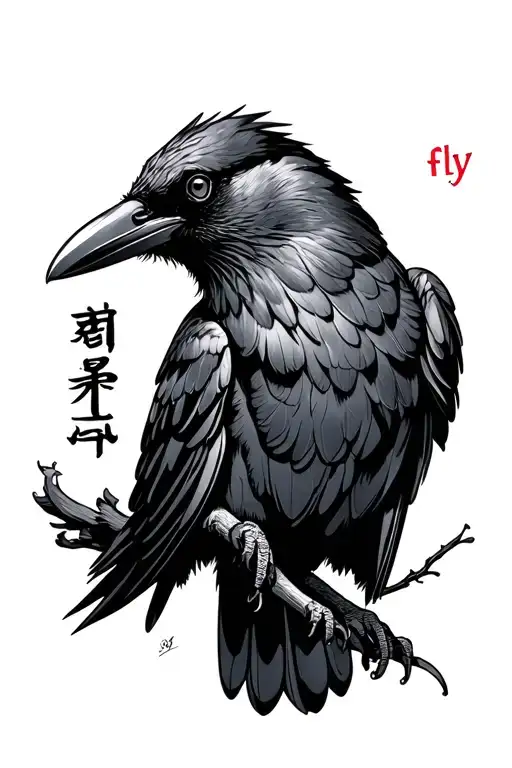 Crow With The Words Fly Written In Japanese Hiragana