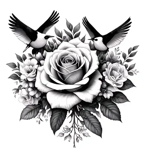Roses And Honeysuckle Surrounded By Birds