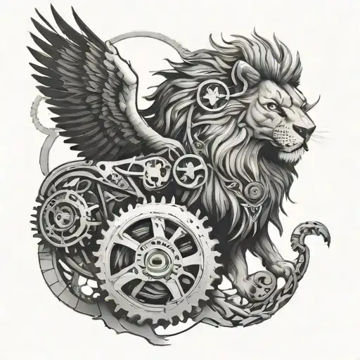 A Black And Grey Tattoo Design Of A Lion And A Falcon Intertwined With Mechanical Gears