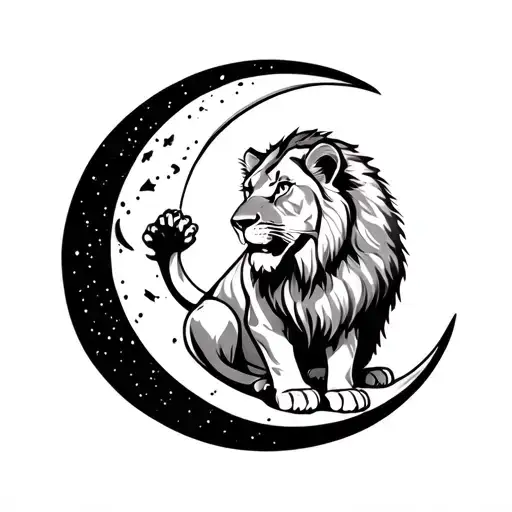 Lioness Licks Her Paw And Sits On The Moon Surrounded