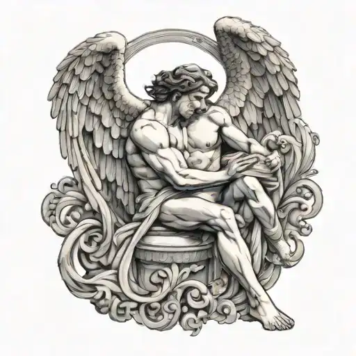 Greek Muscular Male Angel Holding Delicate Woman Sitting