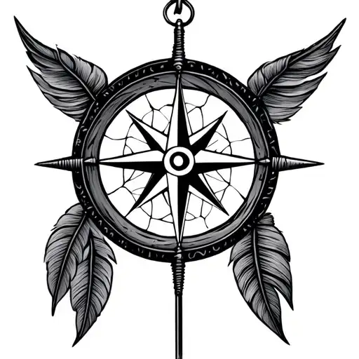 Compass With Dream Catcher Entangled With Vertical Arrow In The Middle