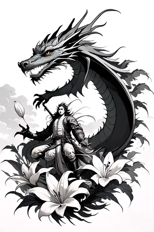 Dragon Flying Reaching Up With One Arm With Rider Surrounded By Oriental Lillies