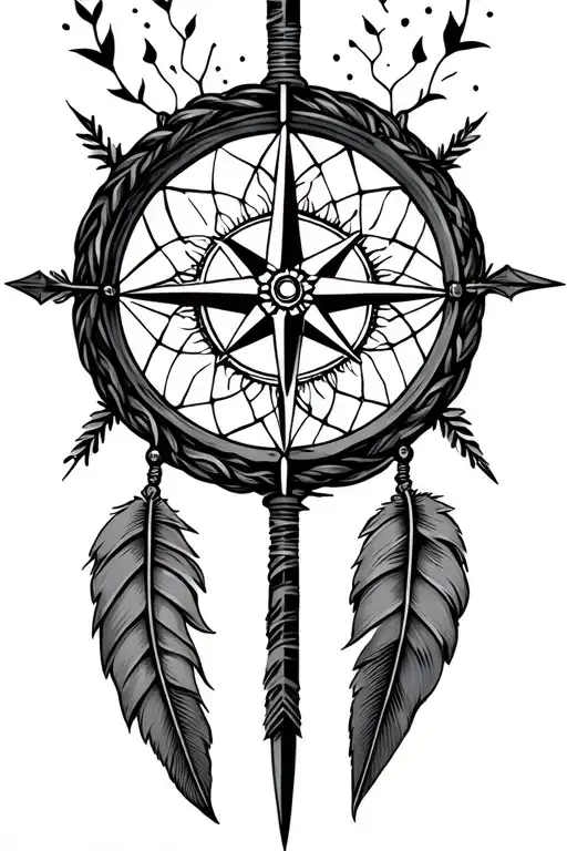 Compass With Dream Catcher Entangled With Vertical Arrow In The Middle