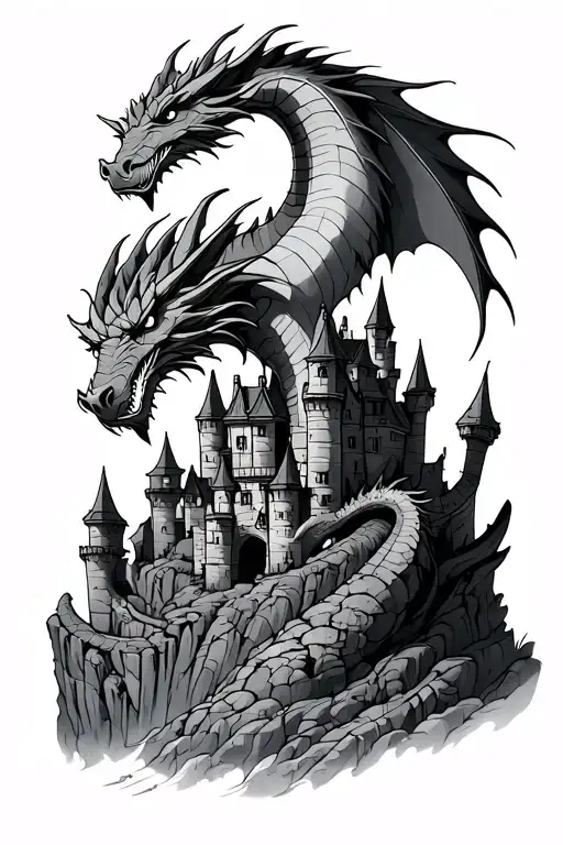 Dragon Curled Around A Castle On A Cliff