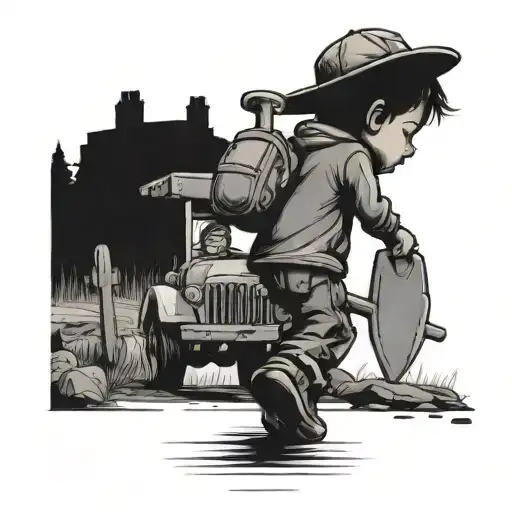 Behind A Boy Walking Toward A Cemetery With Shovel And Truck Toy