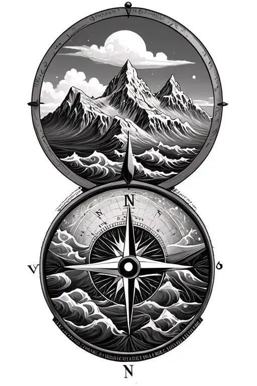 Large Compass With Intricate Geometric Moutains And Waves