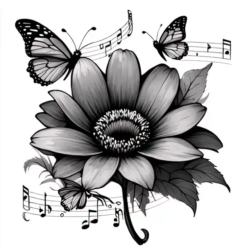 A Flower With Music Notes With Butterflies