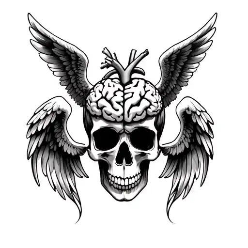 Brain And Heart Inside A Skull With Angel Wings