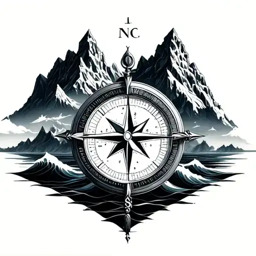 Large Compass Surrounded By Intricate Geometric Mountains And Waves