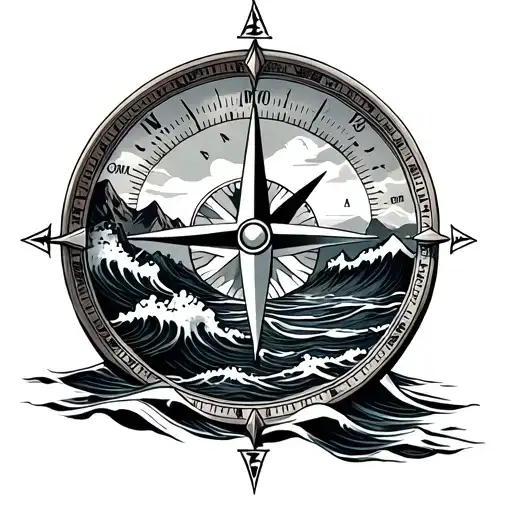 Compass Tattoo With Mountains And Ocean Waves