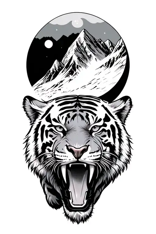 A Saber Tooth Tiger Eating The Moon With A Snow Capped Mountains
