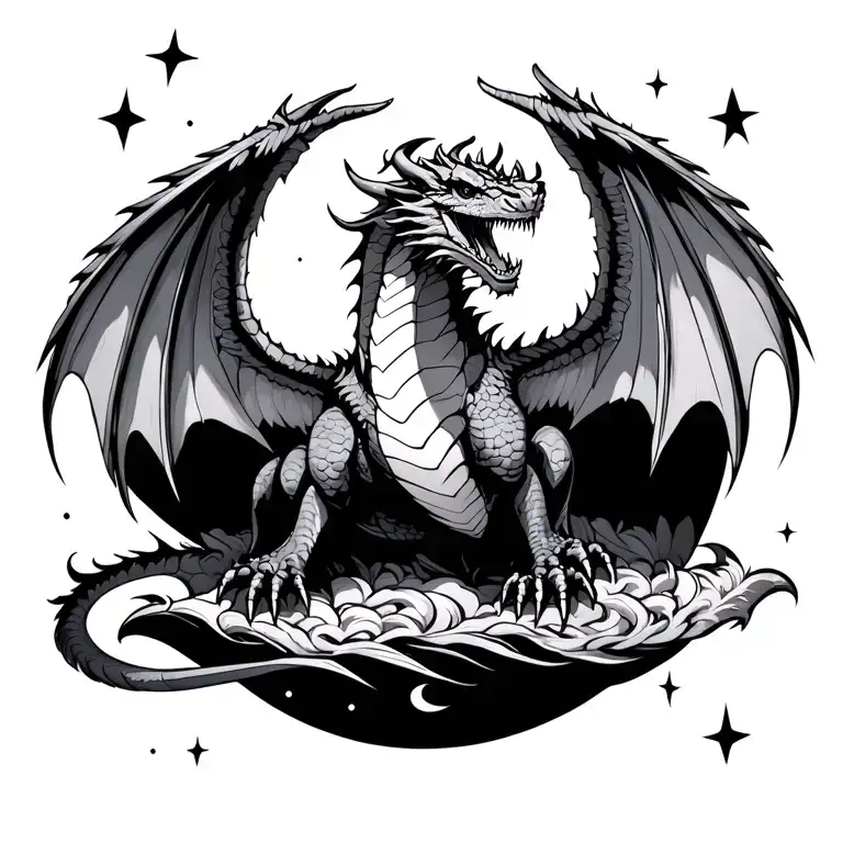 Fantasy Dragon Flying Full Wings With Stars And Moon Elements