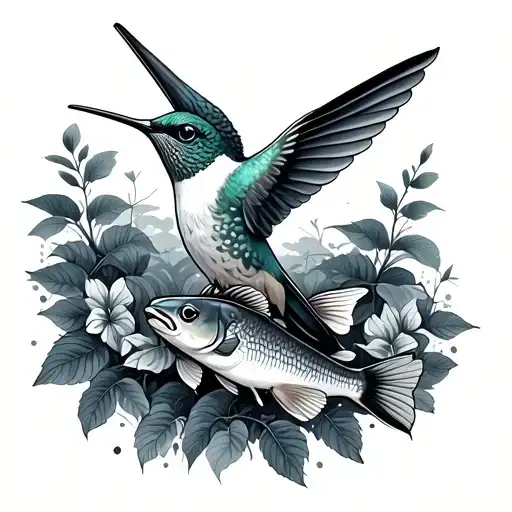 Feminine Hummingbird In Forest Scene With Fish