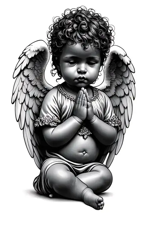 Black Baby Angel Praying With Big Wings