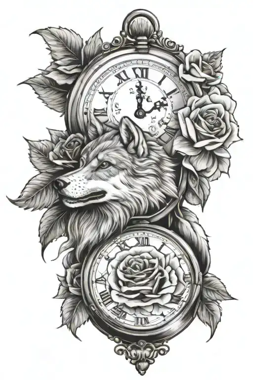 Pocket Watch And Rose And Wolf