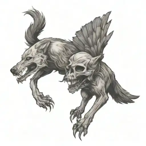 Wolf Fighting Whit Crow Skull