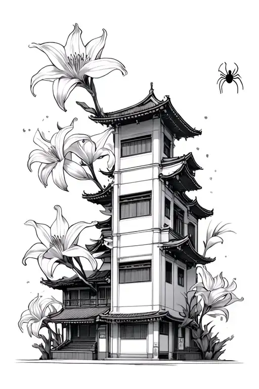 Japanese Building With Spider Lillies And Tokyo Ghoul Anime