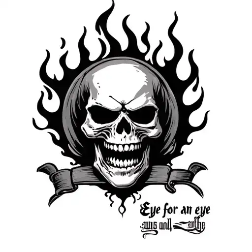 Angry Skull That Says Eye For An Eye With Old Writing Vehind With Flames Coming Up From The Wrist