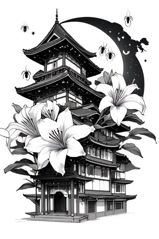 Japanese Building With Spider Lillies And Tokyo Ghoul Anime And Moon