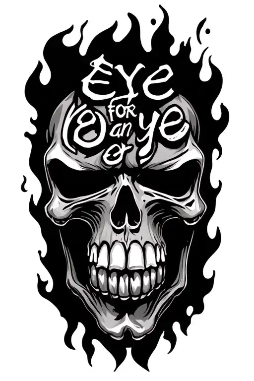 Angry Skull That Says Eye For An Eye With Old Writing Vehind With Flames Coming Up From The Wrist