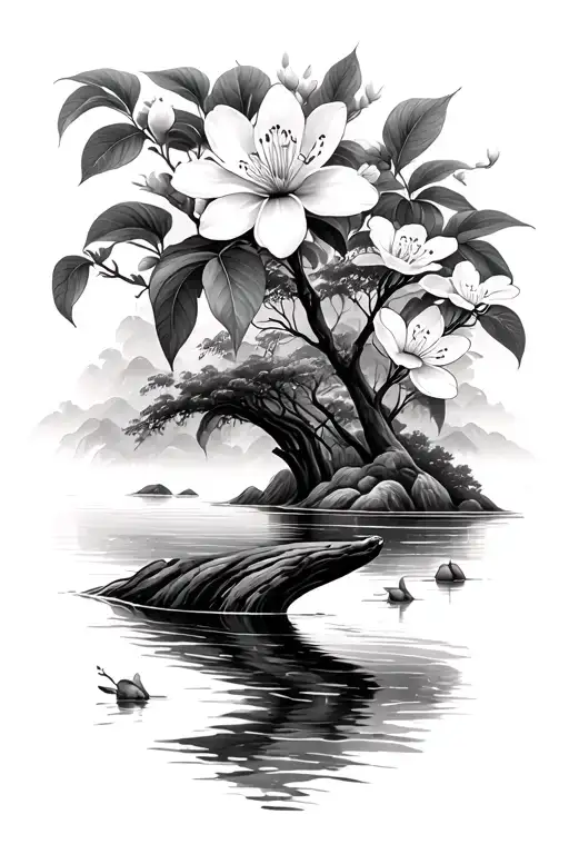 River With Leihua Blossom And Puakenikeni Floating Along It