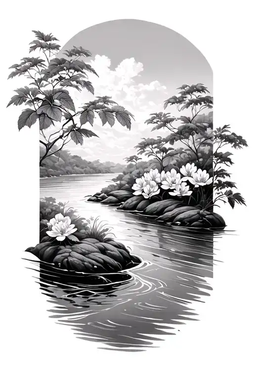 River With Leihua Blossom And Puakenikeni Floating Along It