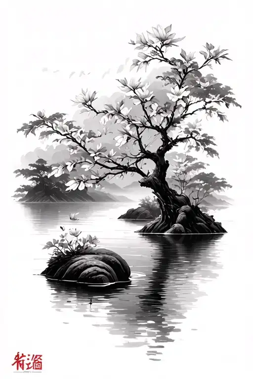 River With Leihua Blossom Floating Along It