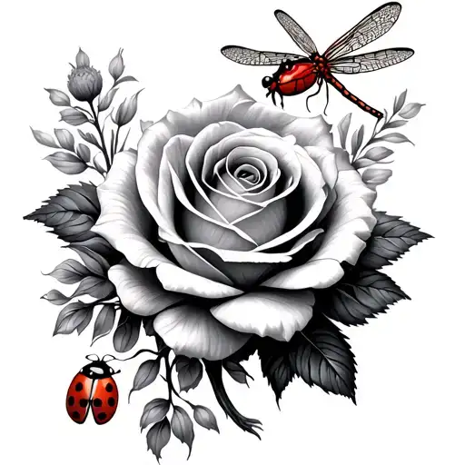 Ladybug And Dragonfly Around Rose And Chrysanthemum