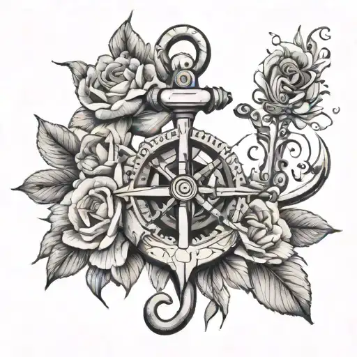 An Anchor With Compass Arm With Peonise Flowers Surrounding It