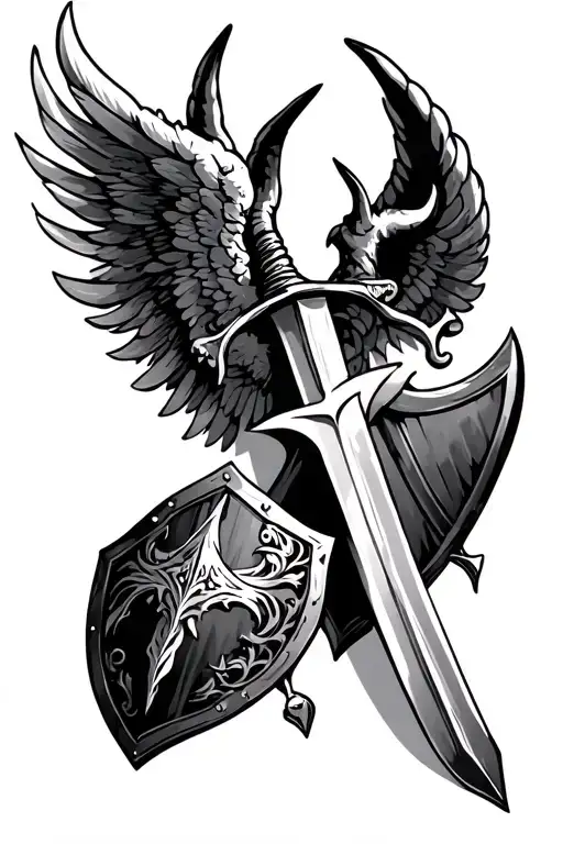 Angel Wing And Devil Wing With A Broken Sword And Shield Between Them