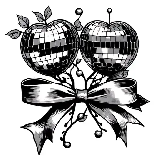 2 Cherry Heart Shape Disco Balls Wih A Bow Tied Round The Vines