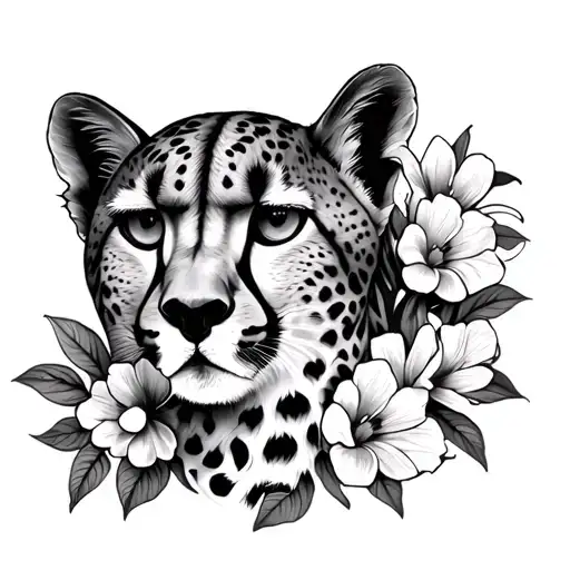 Cheetah Face With Flowers On Foot