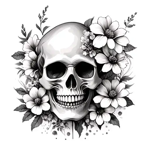 Pretty Skull Soft Shading With Flowers Growing