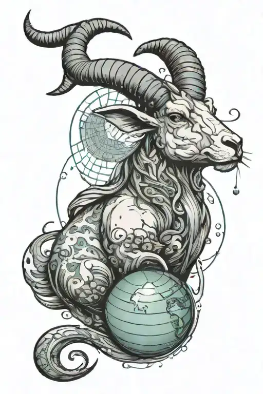 A Sea Goat With The Planet Saturn In The Background Using Blue And Green Coloring