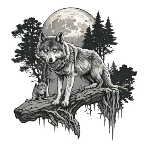 Wolf Waterfall Moon Forest She-wolf Protects Her Wolf Cub