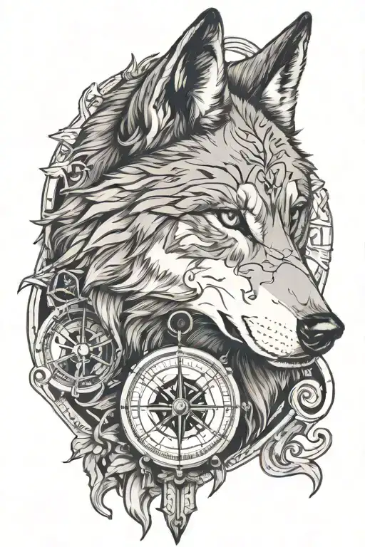 Wolf Face With Old Compass Intertwined