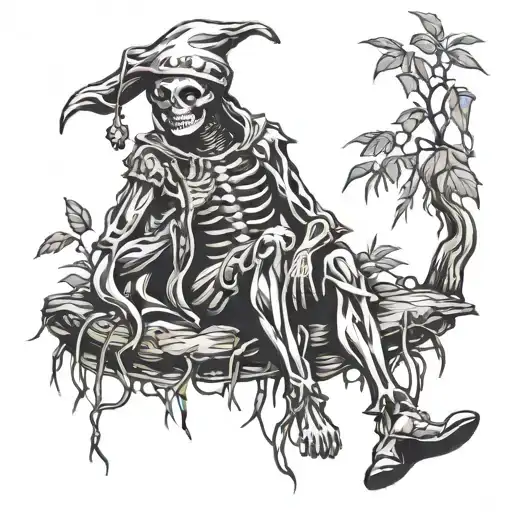 Skeletin Jester Sitting Against A Willow Tree