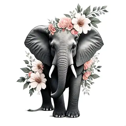 Elephant With Flowers For Thigh Under Wording