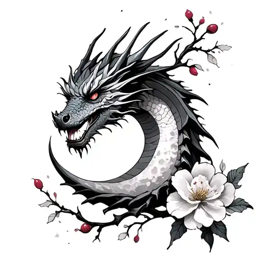 A Dragon Witch Flowers Cherry Blossoms And A Moon Spine