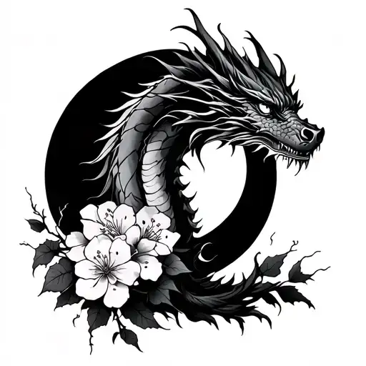 A Full Dragon Witch Flowers Cherry Blossoms And A Moon Spine