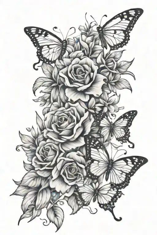 Flowers And Butterflies Fine Line Drawing