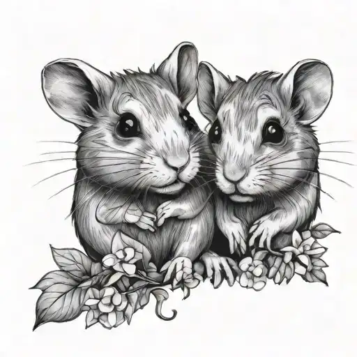 Two Dwarf Hamsters With Flowers Growing