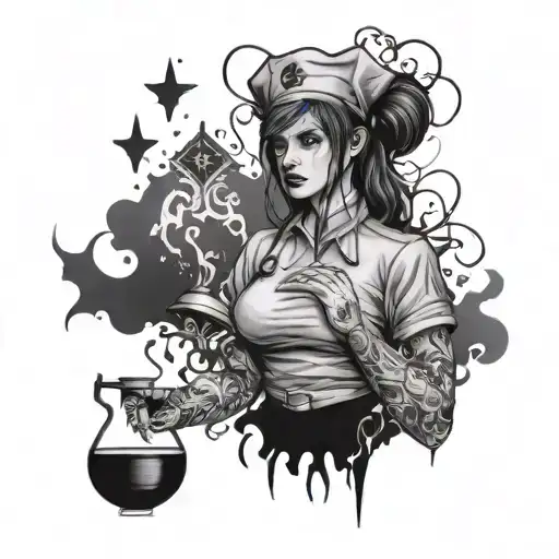 Create A Black-grey Tattoo Of A Nurse Casting A Spell With A Background Of Black Metal Lyrics