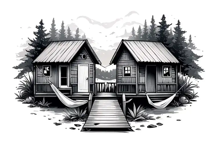 Two Cabins Connected By A Breezeway With A Hammock Hanging Between