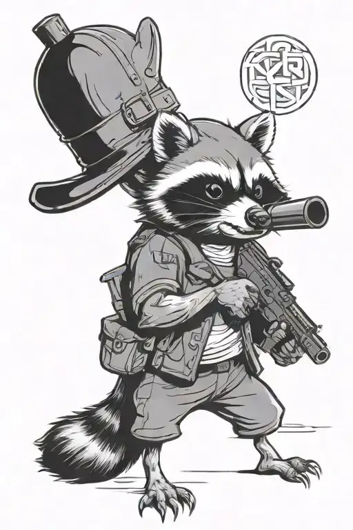 Raccon Holding Gun In One Hand With Trash Bag In Other